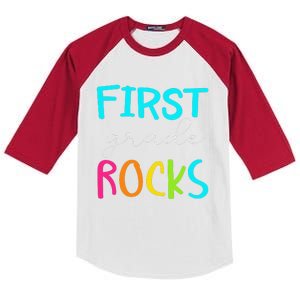 First Grade Rocks Team 1st Grade Teacher Long Sleeve Kids Colorblock Raglan Jersey