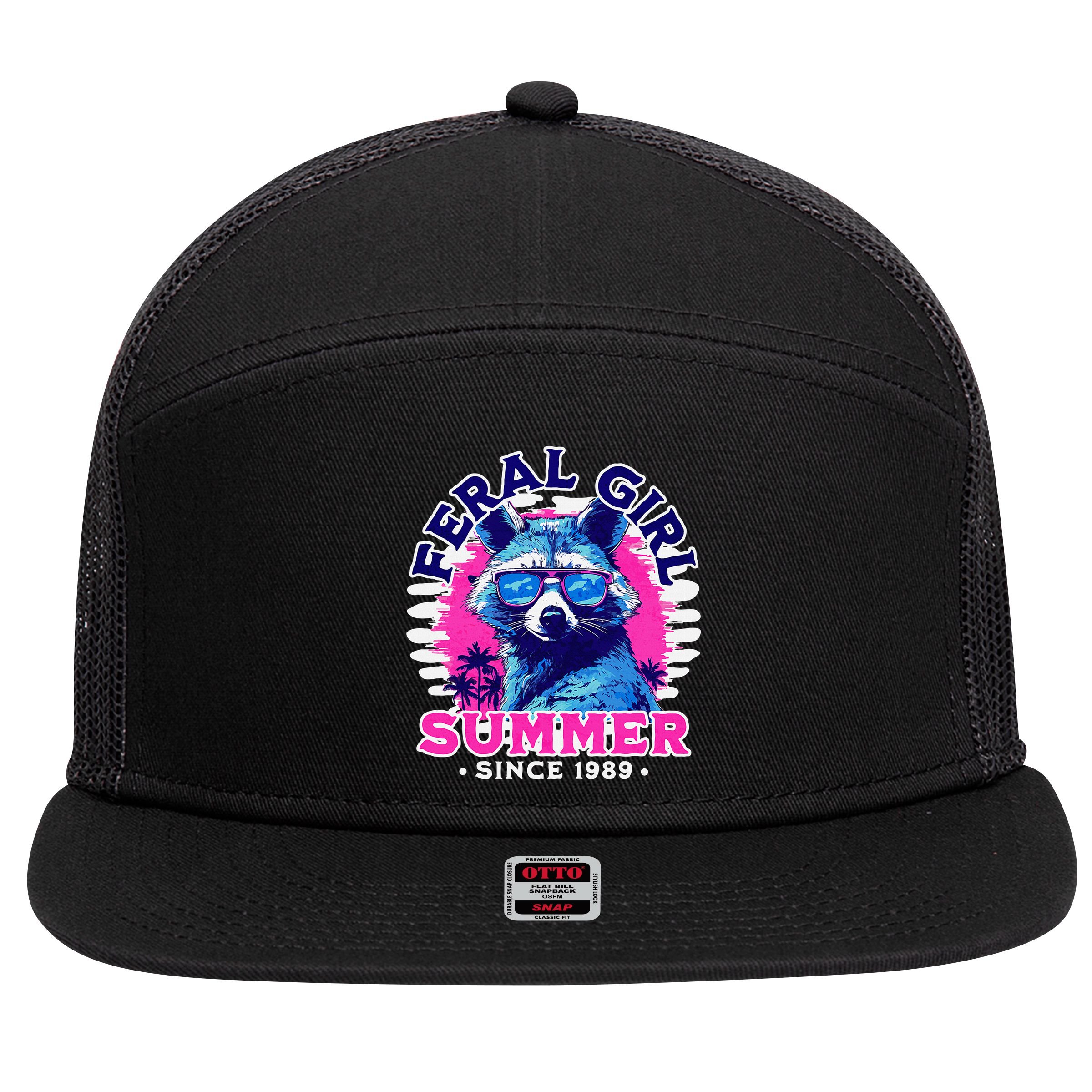 Feral Girl Racoon Summer Beach Sun Vibes 7 Panel Mesh Trucker Snapback Hat