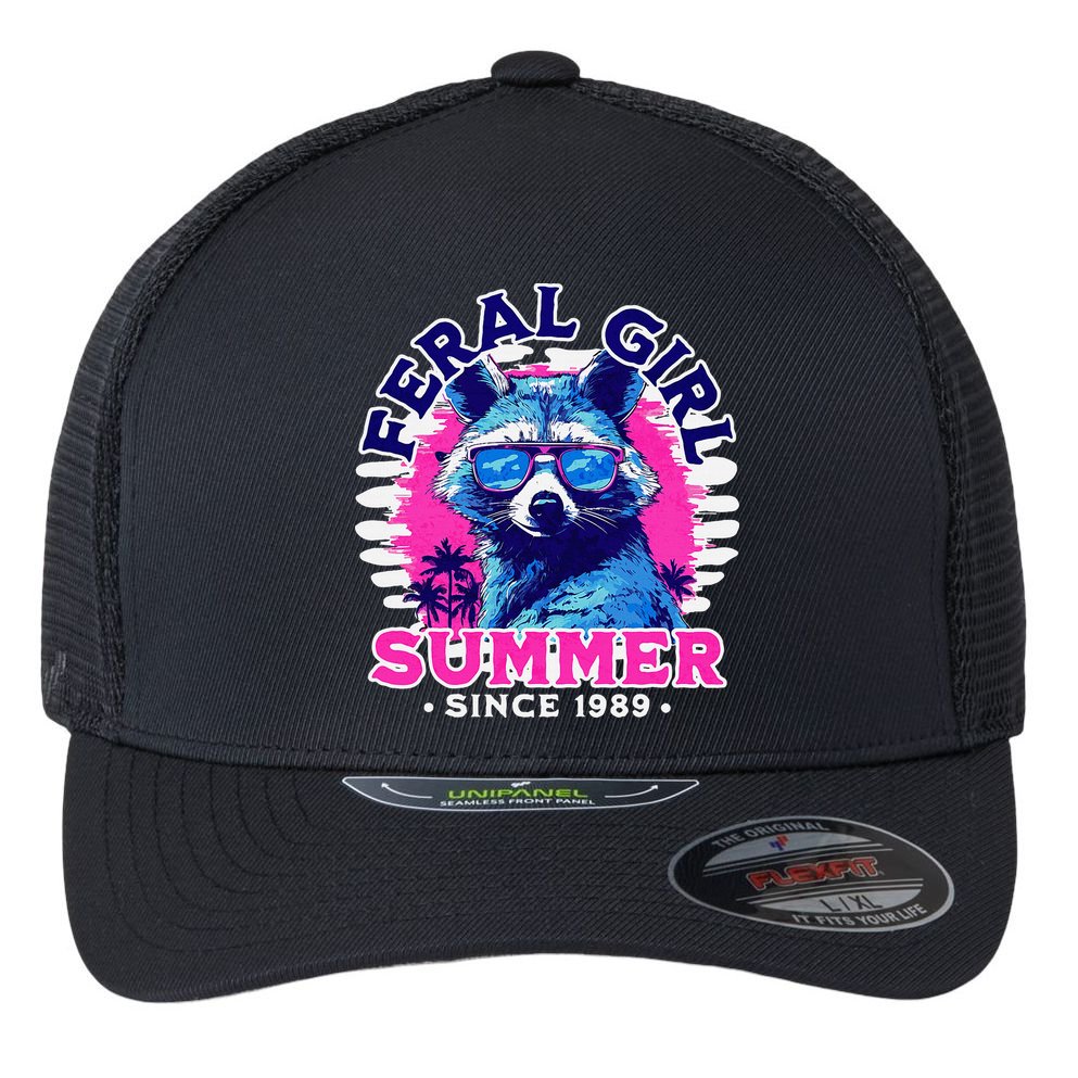Feral Girl Racoon Summer Beach Sun Vibes Flexfit Unipanel Trucker Cap