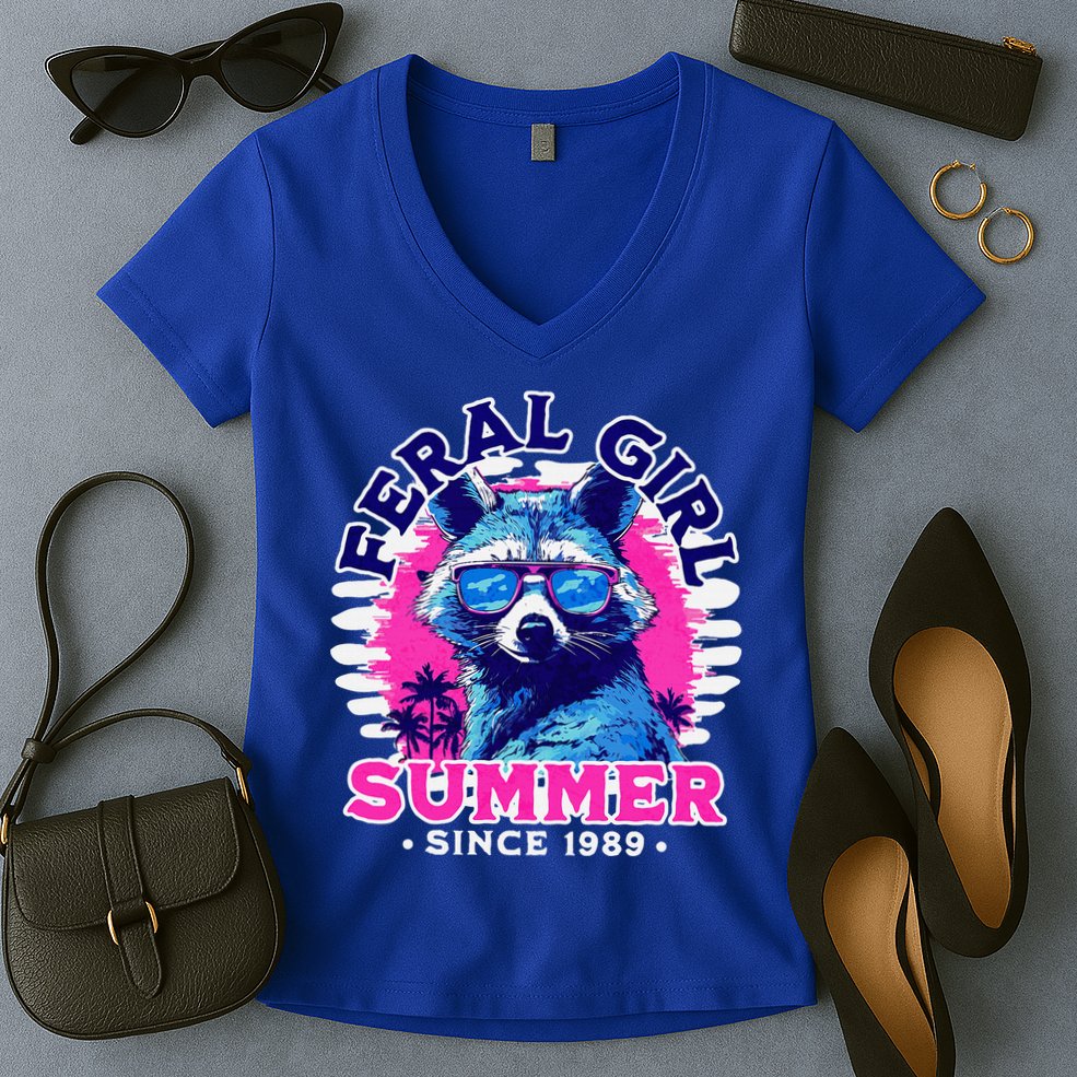 Feral Girl Racoon Summer Beach Sun Vibes Women's V-Neck T-Shirt