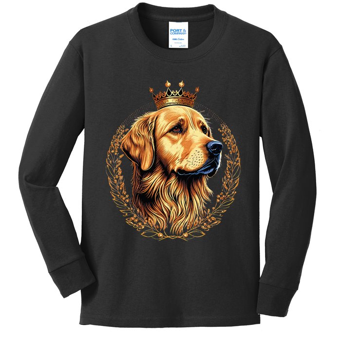 Funny Golden Retriever with a Golden Crown Kids Long Sleeve Shirt