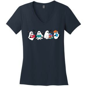 Funny Ghost Reading Books Teacher Halloween Spooky Season Women's V-Neck T-Shirt