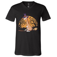 Funny Giraffe Ride Witch Shotgun Giraffe Halloween V-Neck T-Shirt