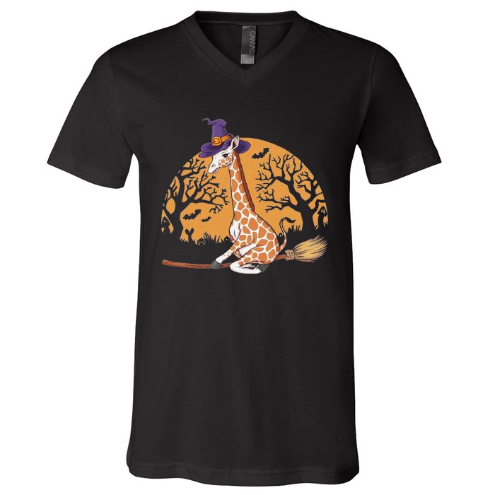 Funny Giraffe Ride Witch Shotgun Giraffe Halloween V-Neck T-Shirt