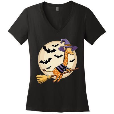 Funny Giraffe Ride Witch Shotgun Giraffe Halloween Women's V-Neck T-Shirt