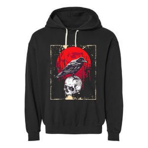 funny Gothic Raven Skull Red Moon Black Crow Garment-Dyed Fleece Hoodie