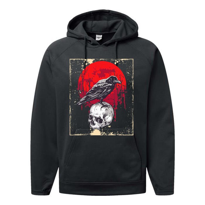 funny Gothic Raven Skull Red Moon Black Crow Performance Fleece Hoodie