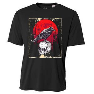 funny Gothic Raven Skull Red Moon Black Crow Cooling Performance Crew T-Shirt