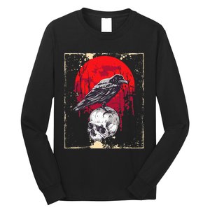 funny Gothic Raven Skull Red Moon Black Crow Long Sleeve Shirt