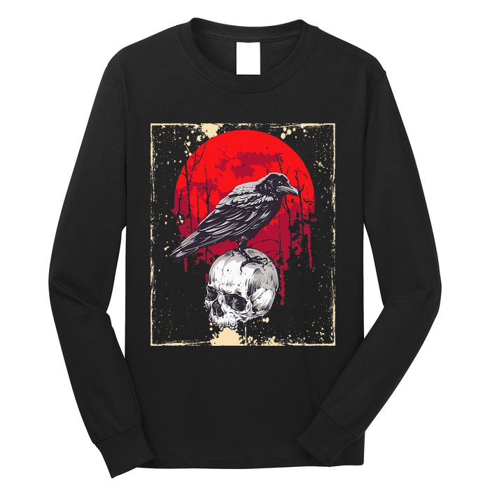 funny Gothic Raven Skull Red Moon Black Crow Long Sleeve Shirt