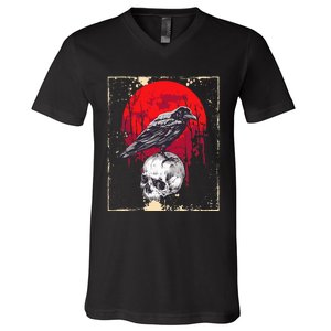 funny Gothic Raven Skull Red Moon Black Crow V-Neck T-Shirt