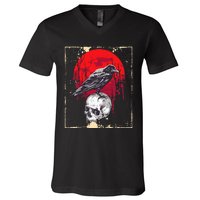 funny Gothic Raven Skull Red Moon Black Crow V-Neck T-Shirt