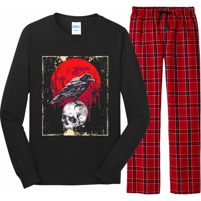 funny Gothic Raven Skull Red Moon Black Crow Long Sleeve Pajama Set