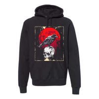 funny Gothic Raven Skull Red Moon Black Crow Premium Hoodie