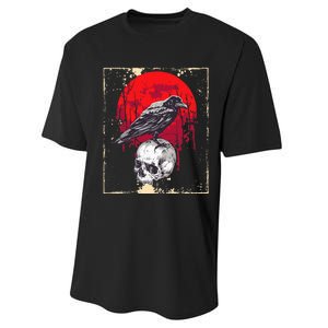 funny Gothic Raven Skull Red Moon Black Crow Performance Sprint T-Shirt