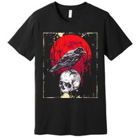 funny Gothic Raven Skull Red Moon Black Crow Premium T-Shirt