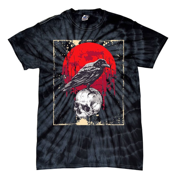 funny Gothic Raven Skull Red Moon Black Crow Tie-Dye T-Shirt