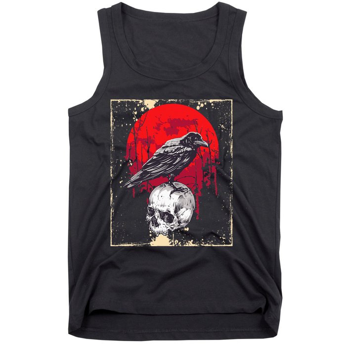 funny Gothic Raven Skull Red Moon Black Crow Tank Top