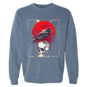 funny Gothic Raven Skull Red Moon Black Crow Garment-Dyed Sweatshirt