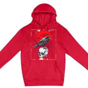 funny Gothic Raven Skull Red Moon Black Crow Premium Pullover Hoodie