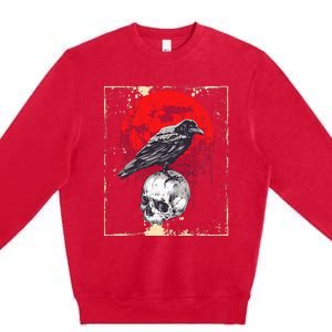 funny Gothic Raven Skull Red Moon Black Crow Premium Crewneck Sweatshirt