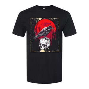 funny Gothic Raven Skull Red Moon Black Crow Softstyle CVC T-Shirt