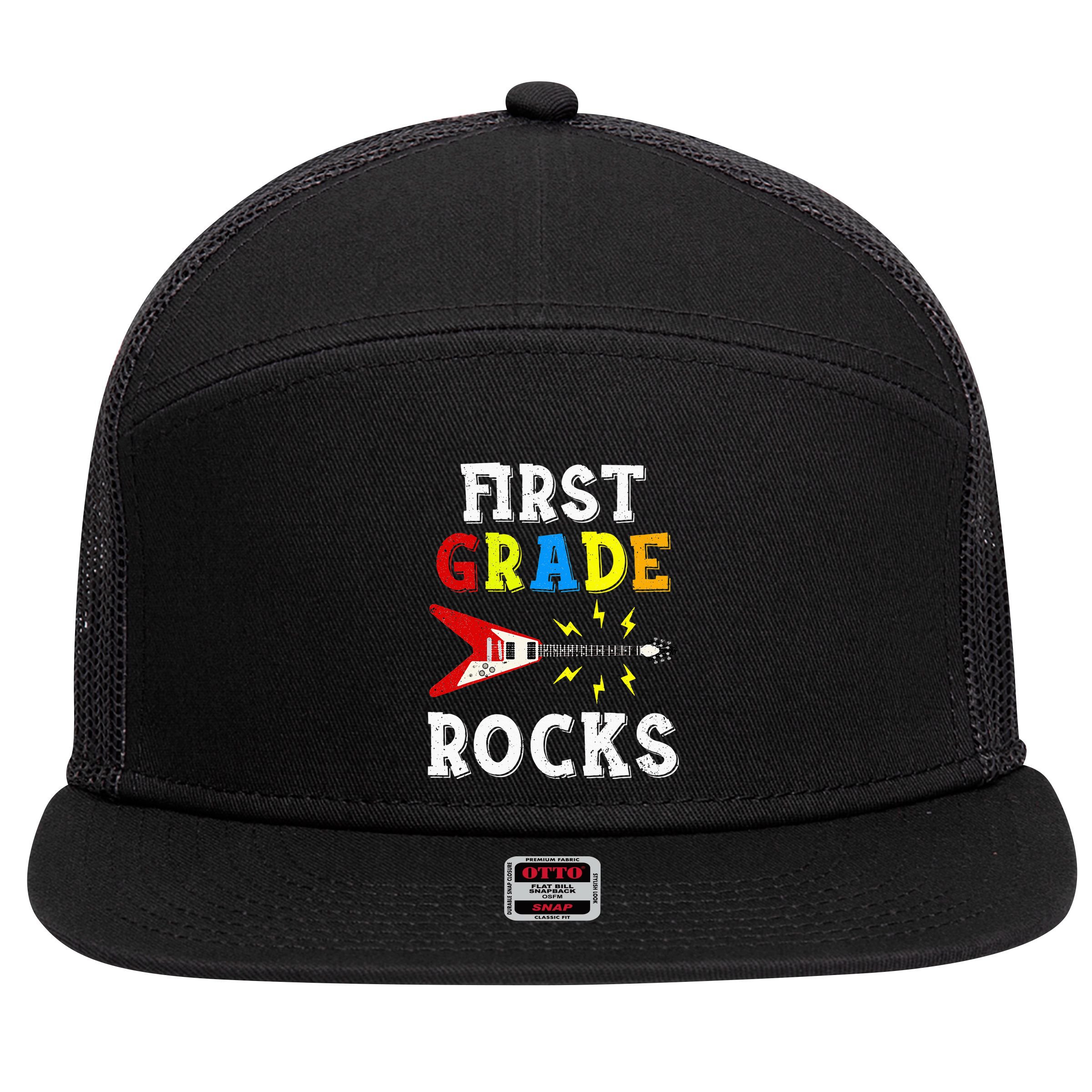 First Grade Rocks Guitar Music Gifts First Day Of School 7 Panel Mesh Trucker Snapback Hat