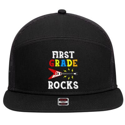 First Grade Rocks Guitar Music Gifts First Day Of School 7 Panel Mesh Trucker Snapback Hat