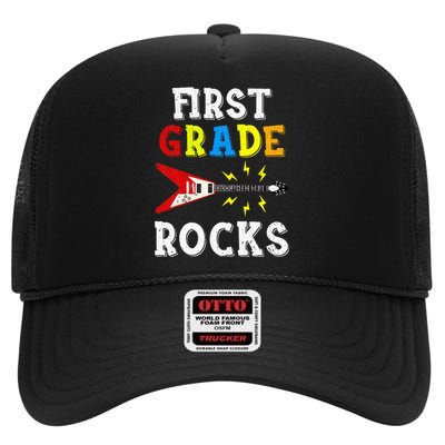 First Grade Rocks Guitar Music Gifts First Day Of School High Crown Mesh Back Trucker Hat