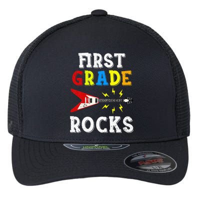 First Grade Rocks Guitar Music Gifts First Day Of School Flexfit Unipanel Trucker Cap