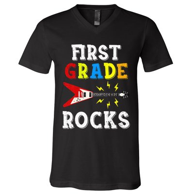 First Grade Rocks Guitar Music Gifts First Day Of School V-Neck T-Shirt
