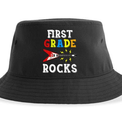 First Grade Rocks Guitar Music Gifts First Day Of School Sustainable Bucket Hat