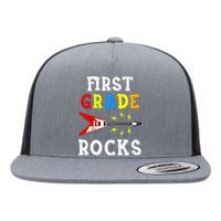 First Grade Rocks Guitar Music Gifts First Day Of School Flat Bill Trucker Hat