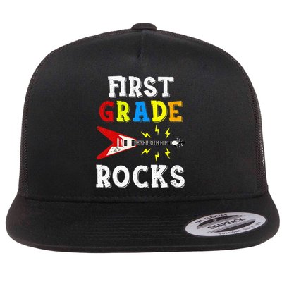 First Grade Rocks Guitar Music Gifts First Day Of School Flat Bill Trucker Hat