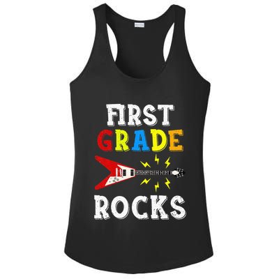First Grade Rocks Guitar Music Gifts First Day Of School Ladies PosiCharge Competitor Racerback Tank