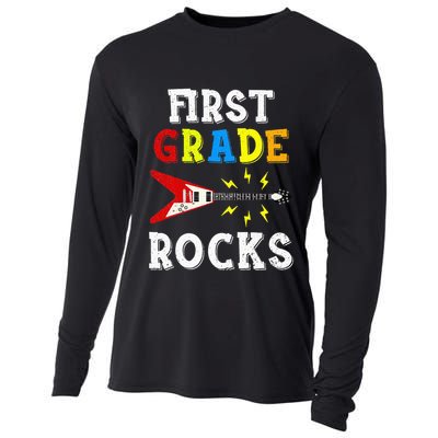 First Grade Rocks Guitar Music Gifts First Day Of School Cooling Performance Long Sleeve Crew