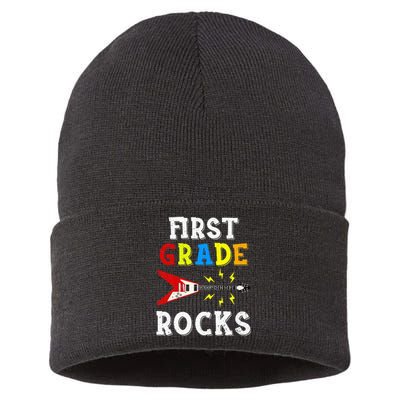 First Grade Rocks Guitar Music Gifts First Day Of School Sustainable Knit Beanie