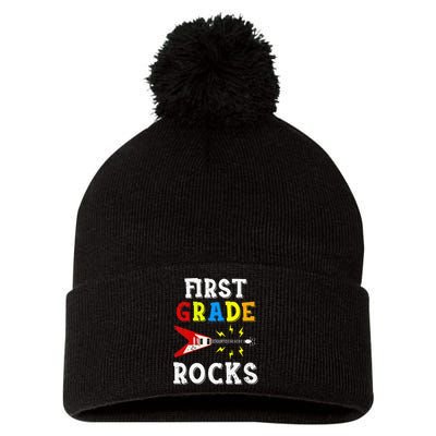 First Grade Rocks Guitar Music Gifts First Day Of School Pom Pom 12in Knit Beanie