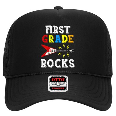 First Grade Rocks Guitar Music Gifts First Day Of School Trucker Hat