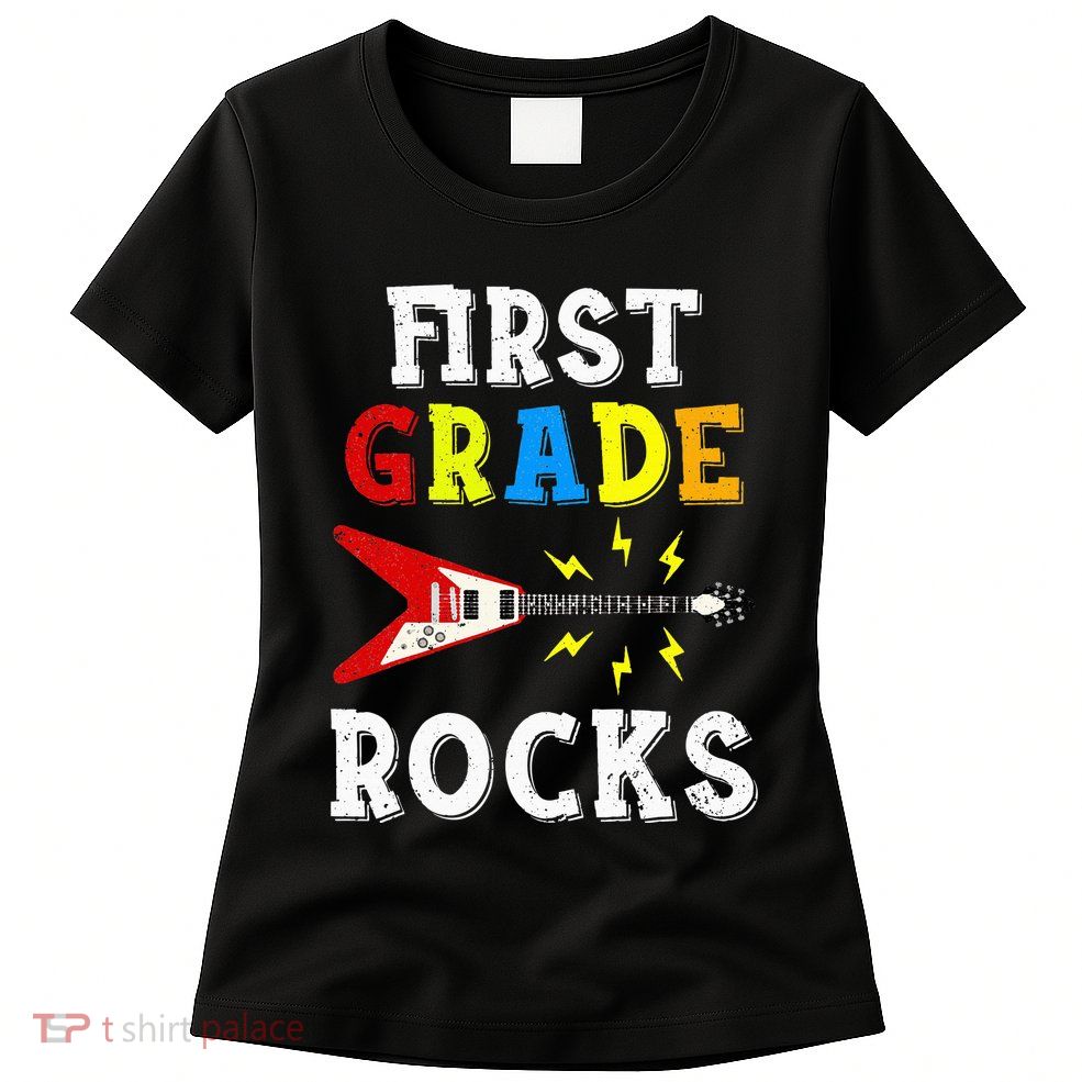 First Grade Rocks Guitar Music Gifts First Day Of School Womens T-Shirt