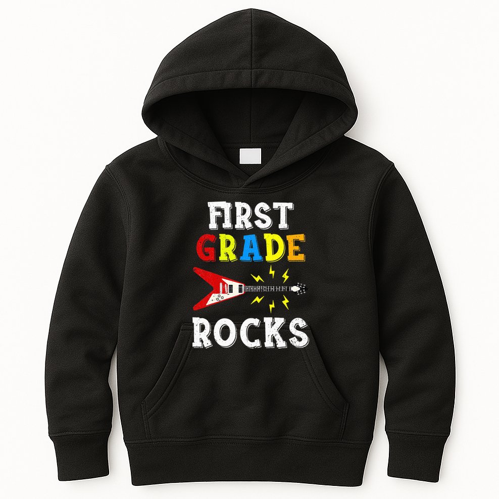 First Grade Rocks Guitar Music Gifts First Day Of School Kids Hoodie