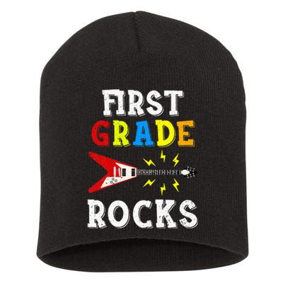 First Grade Rocks Guitar Music Gifts First Day Of School Short Acrylic Beanie