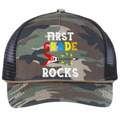 First Grade Rocks Guitar Music Gifts First Day Of School Retro Rope Trucker Hat Cap