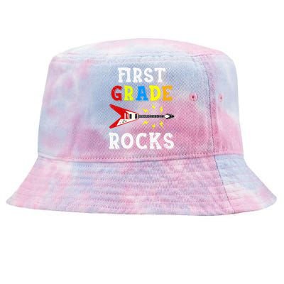 First Grade Rocks Guitar Music Gifts First Day Of School Tie-Dyed Bucket Hat