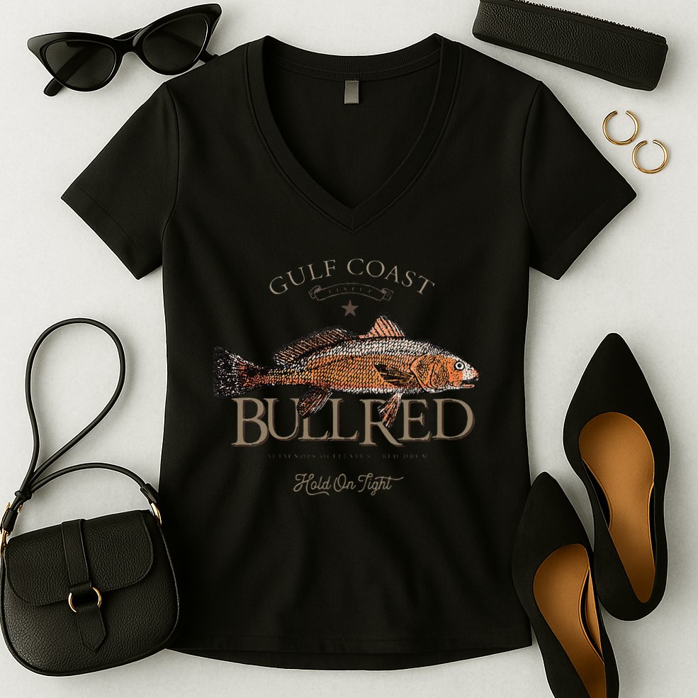 Fishing Gulf Red Drum Redfish Bull Red Women's V-Neck T-Shirt