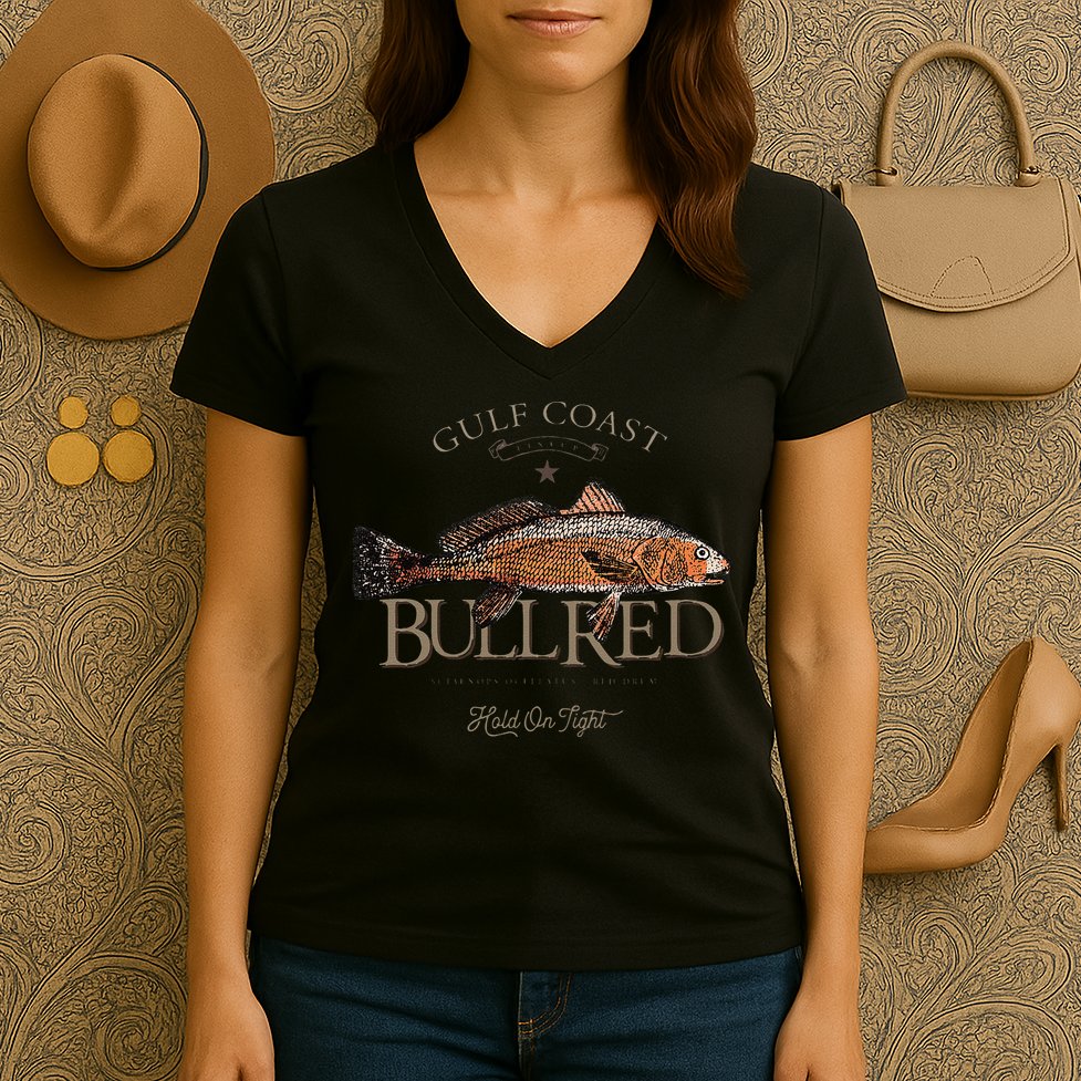 Fishing Gulf Red Drum Redfish Bull Red Women's V-Neck T-Shirt