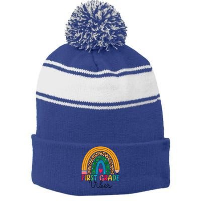 First Grade Rainbow Leopard 1St Grade Vibes Team 1St Grade Gift Stripe Pom Pom Beanie