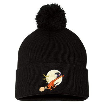 Funny Giraffe Ride Witch Shotgun Giraffe Halloween Pom Pom 12in Knit Beanie