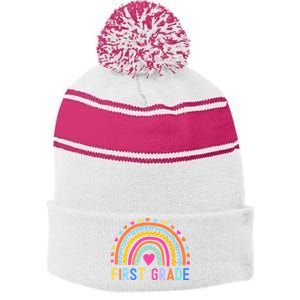 First Grade Rainbow Girl Boy Teacher Team 1st Grade Squad Stripe Pom Pom Beanie