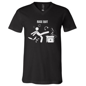 Funny Gamer Rage Quit Stick Figure Gaming Sarcastic Meme V-Neck T-Shirt